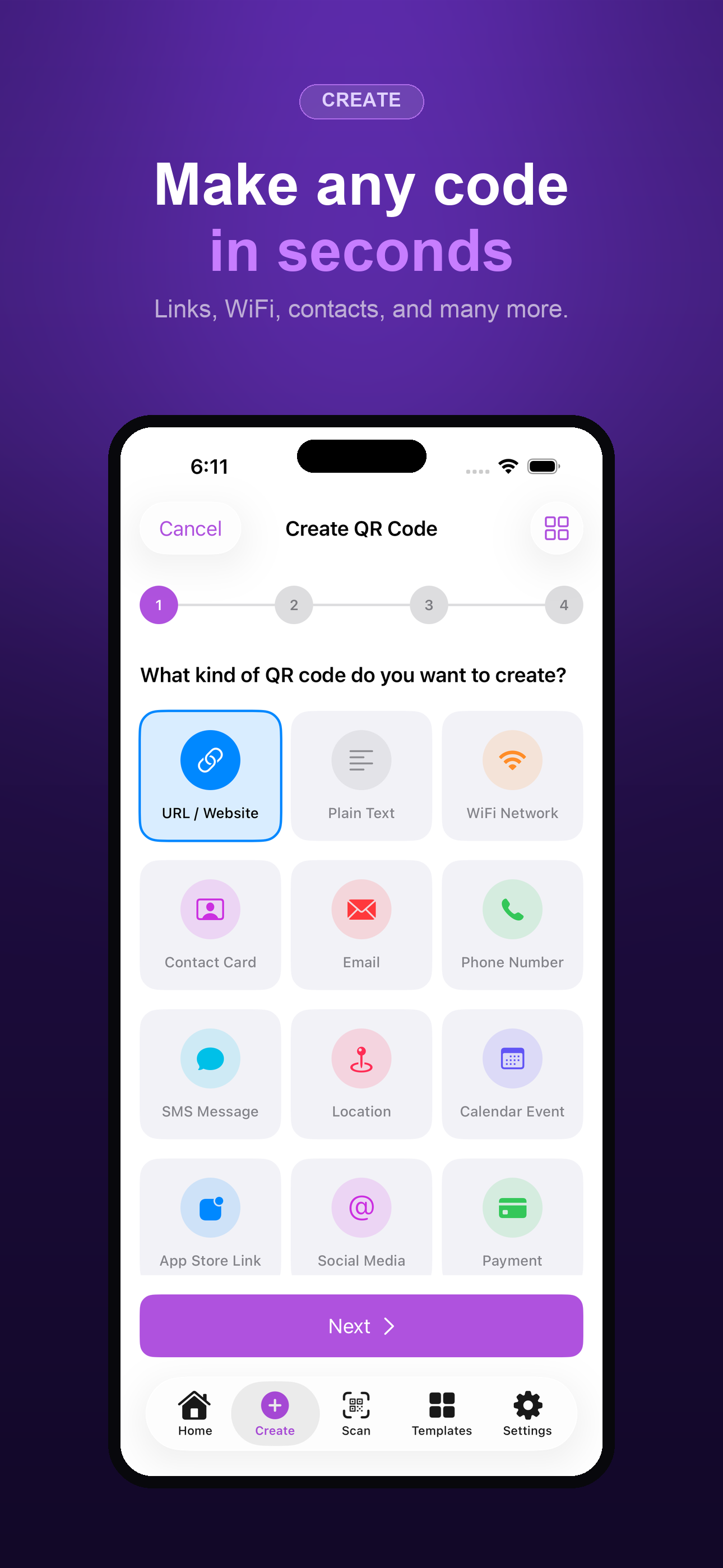 QR Studio screen showing the create flow with thirteen content types to choose from