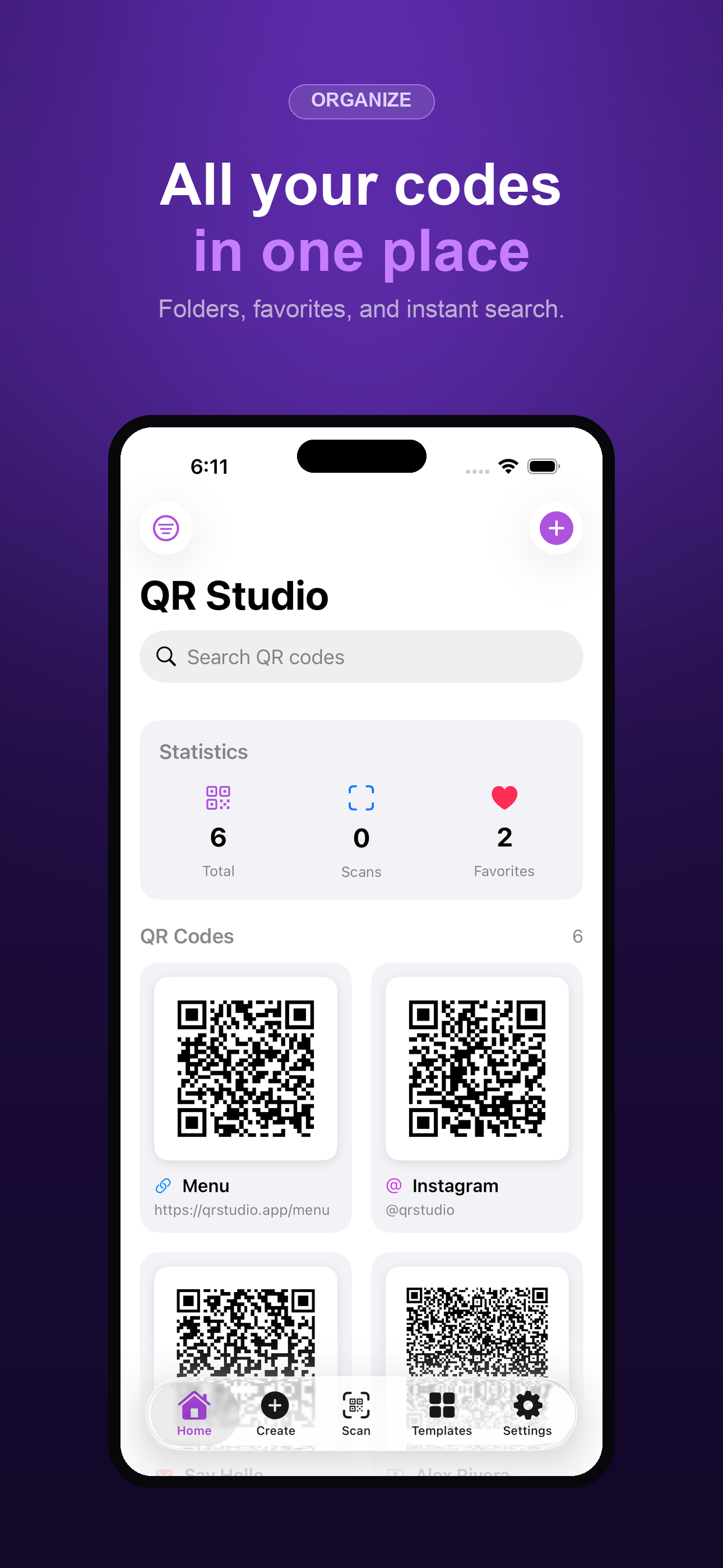 QR Studio home library showing folders, search, and saved QR codes