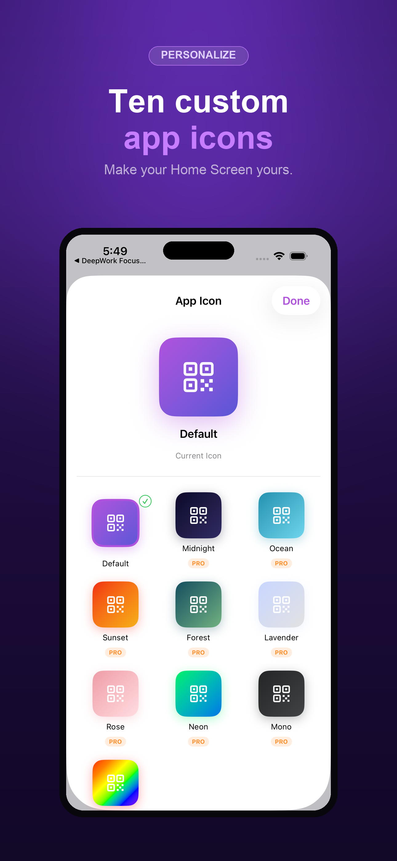 QR Studio app icon picker showing ten custom icon designs